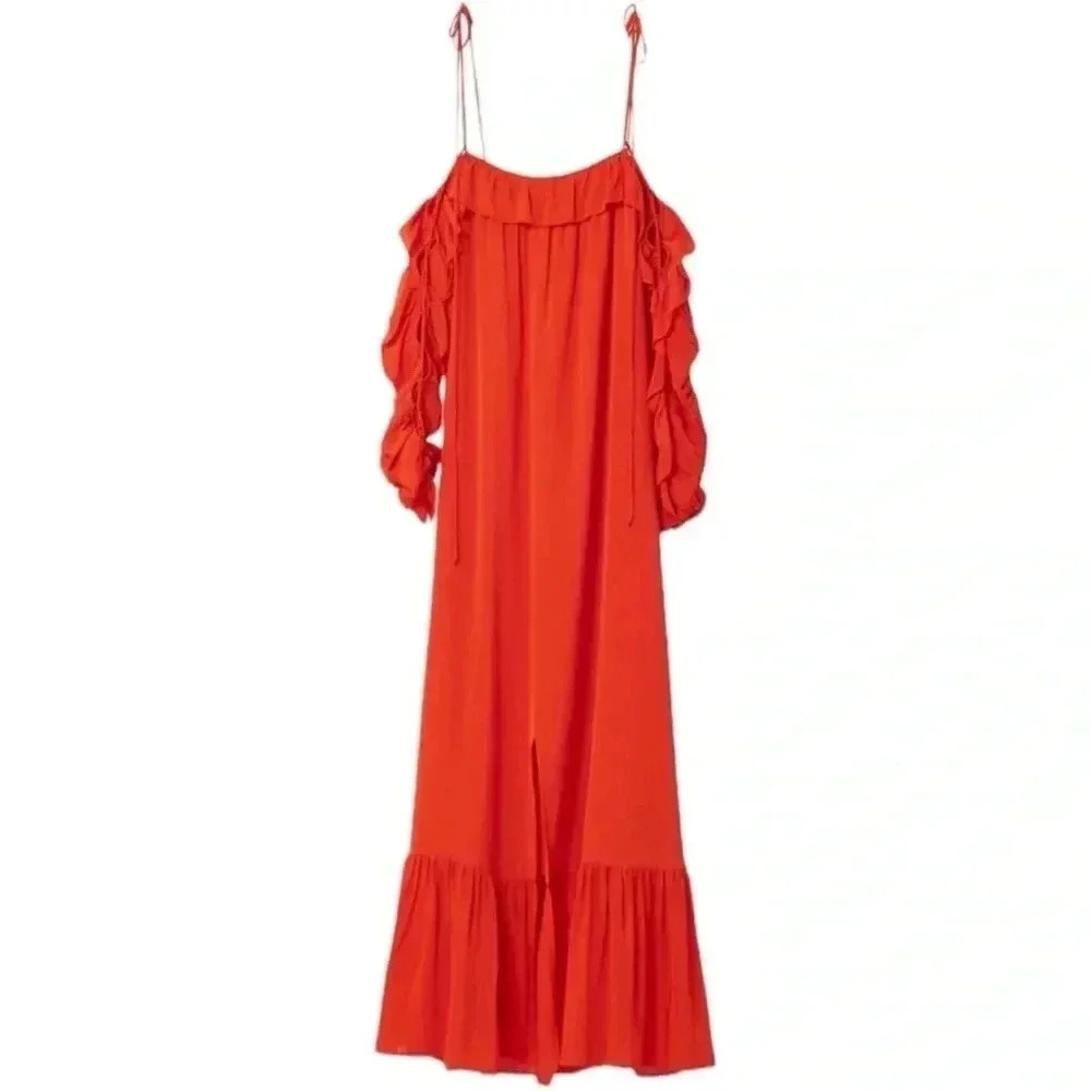 RODEBJER | Arlo Maxi Dress in Poppy Red | Long Flowy Front Slit | Long Sleeve S